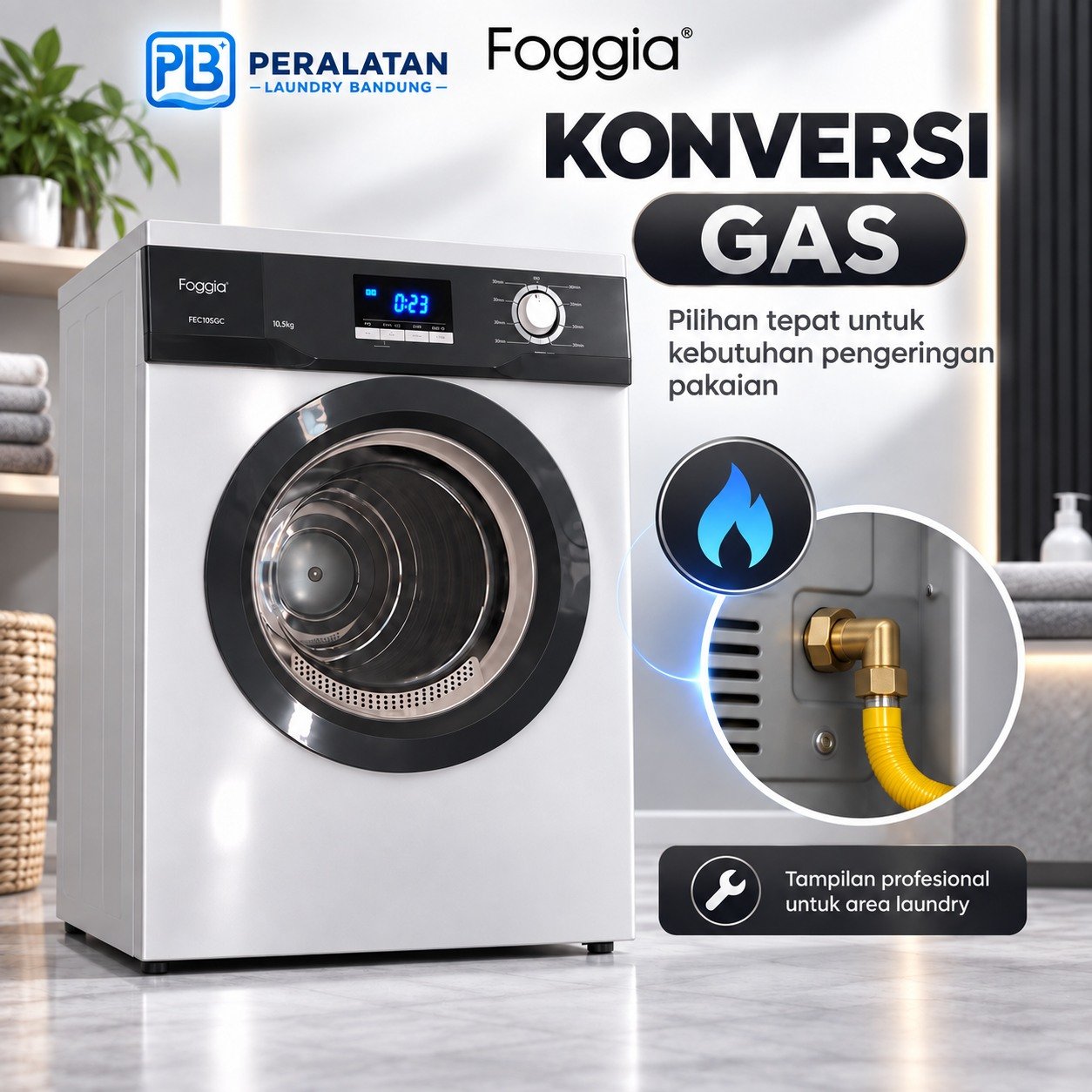 Detail sambungan gas Dryer Foggia 10,5kg