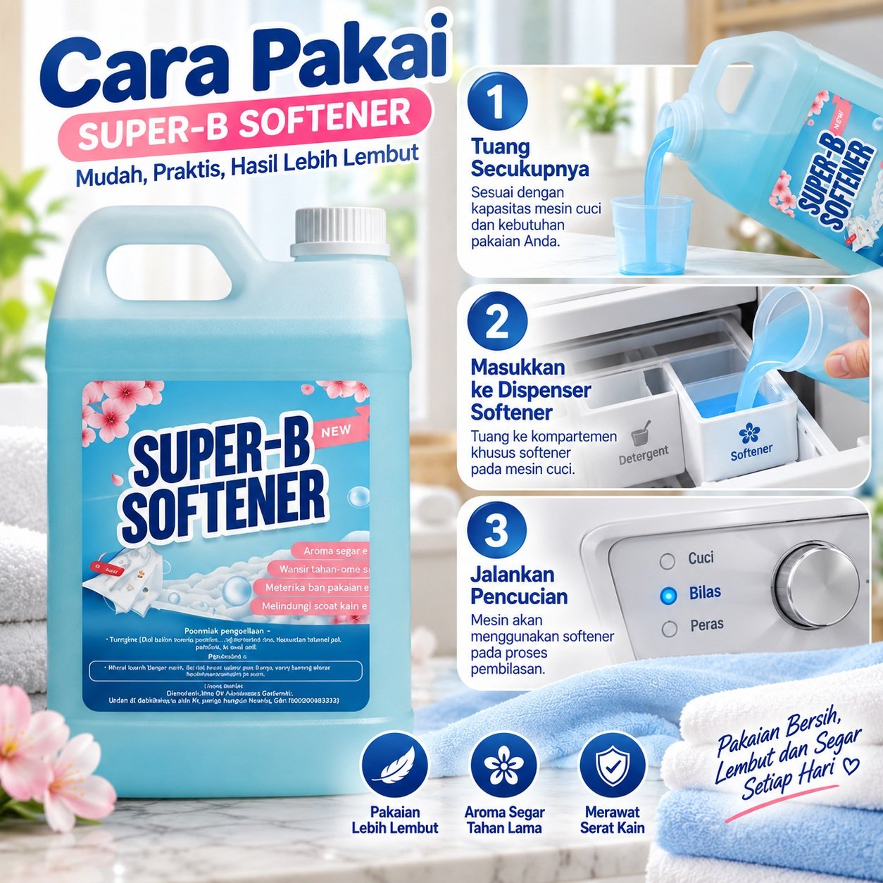 Cara pakai Softener Laundry Cair SUPER-B 5L