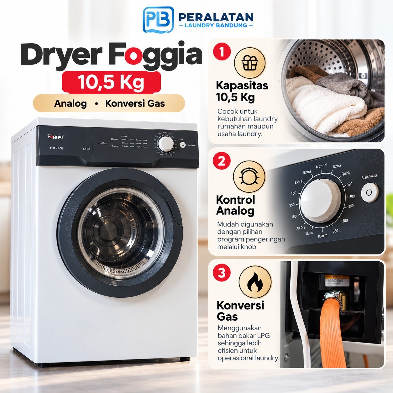 Detail kapasitas dan kontrol Dryer Foggia 10,5kg