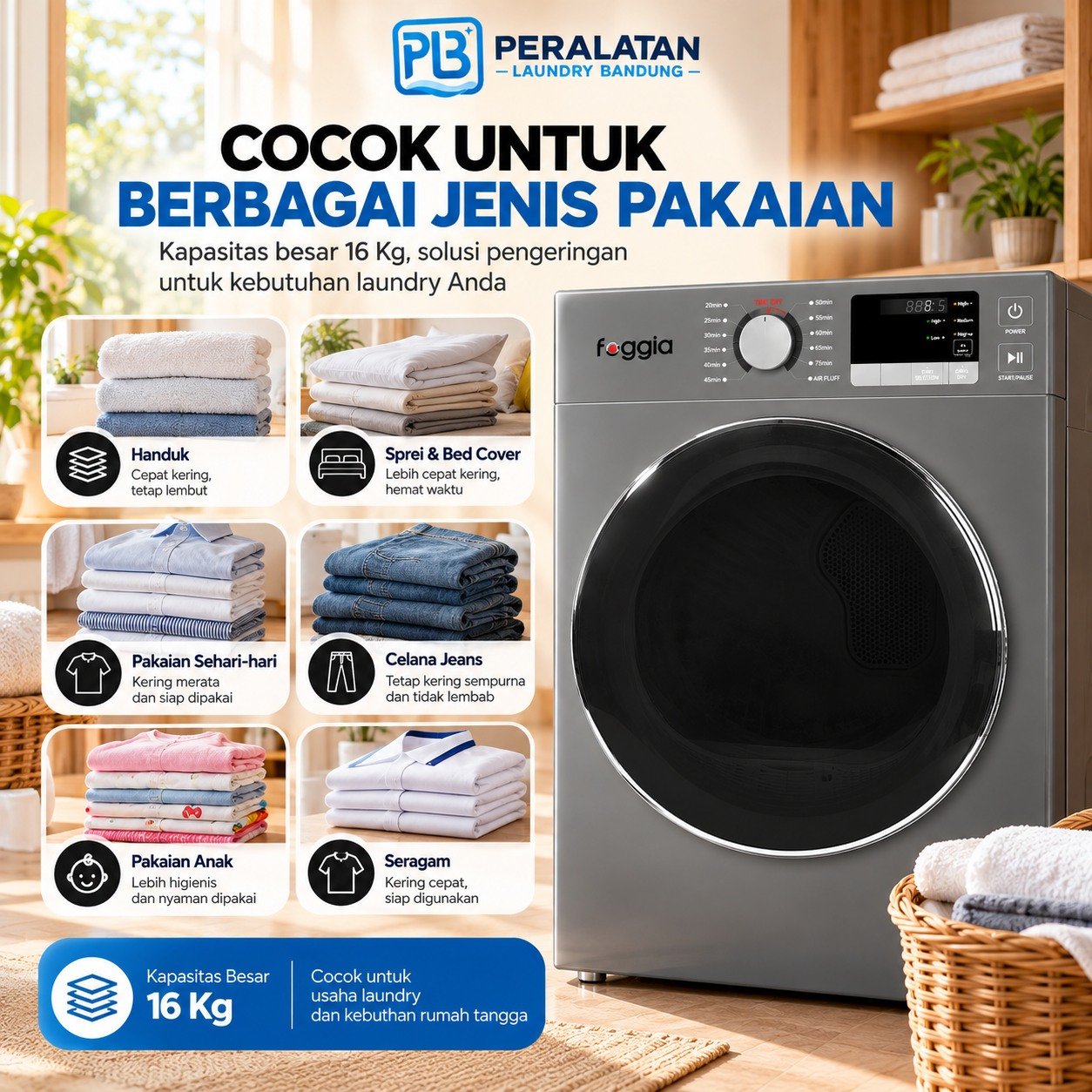 Dryer Foggia 16Kg untuk berbagai jenis pakaian