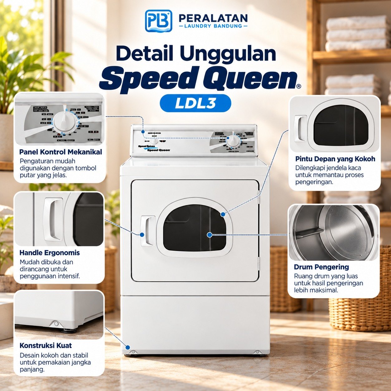 Detail panel, pintu, dan drum Dryer Speedqueen LDL3