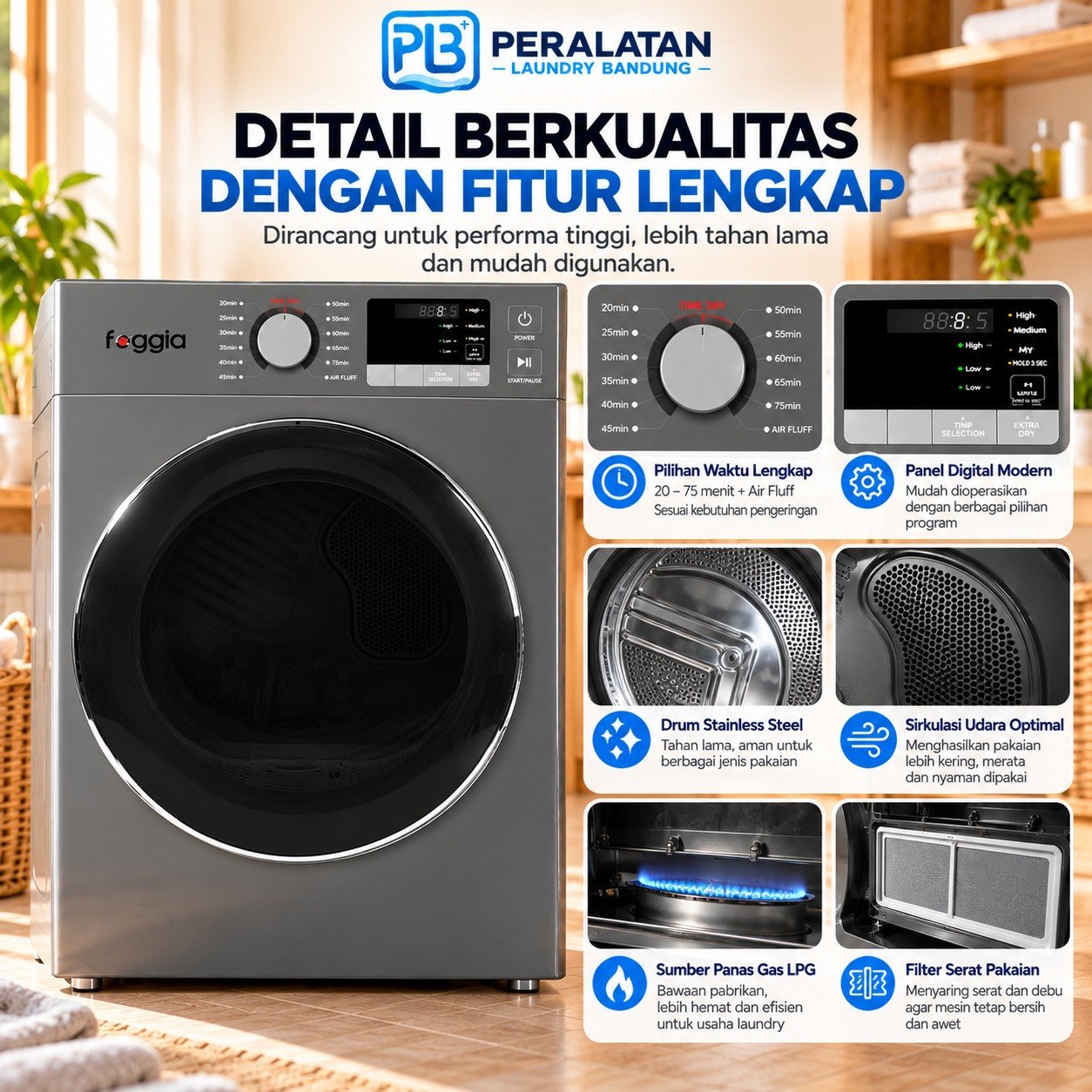 Detail panel dan drum Dryer Foggia 16Kg
