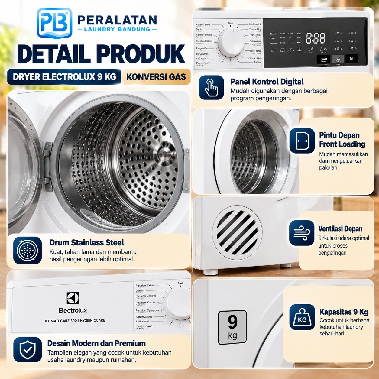 Detail drum, panel, dan ventilasi Dryer Electrolux