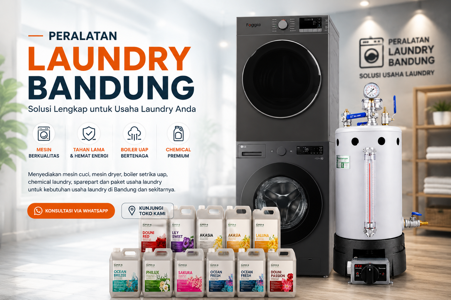 Peralatan Laundry Bandung menyediakan mesin laundry, boiler setrika uap dan chemical laundry