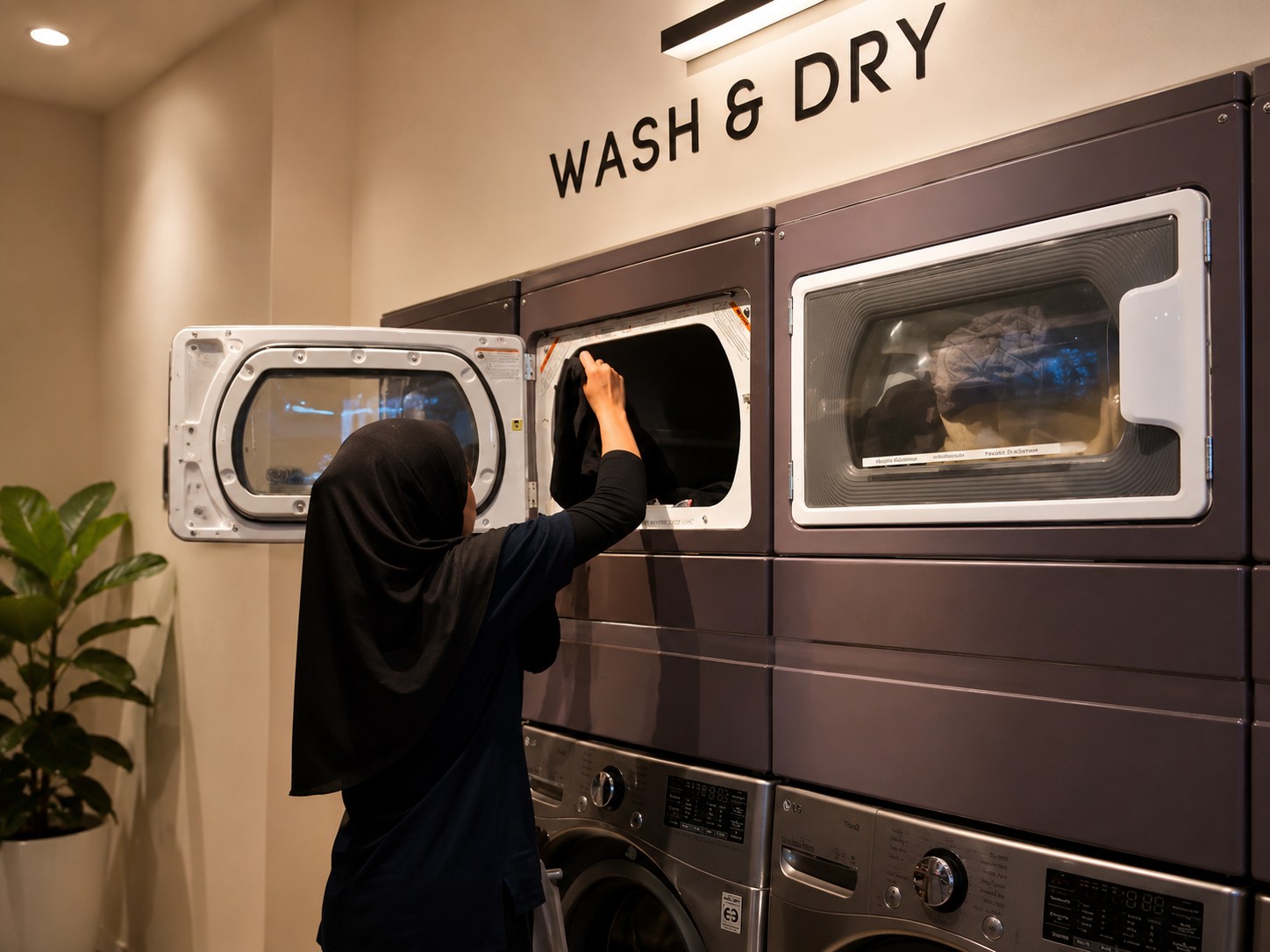 Pelanggan menggunakan mesin dryer pada paket usaha laundry self service QRIS